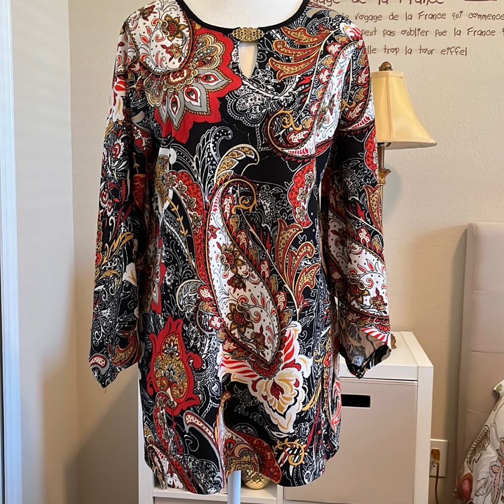 MELISSA PAIGE BLACK/ORANGE/BEIGE SWEATER TOP/TUNIC SIZE L